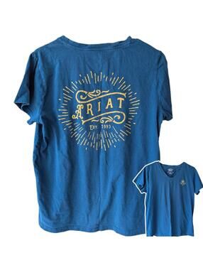 Ariat REAL Shirt Small S Blue Relaxed Fit V-Neck Western Graphic Tee 18x25